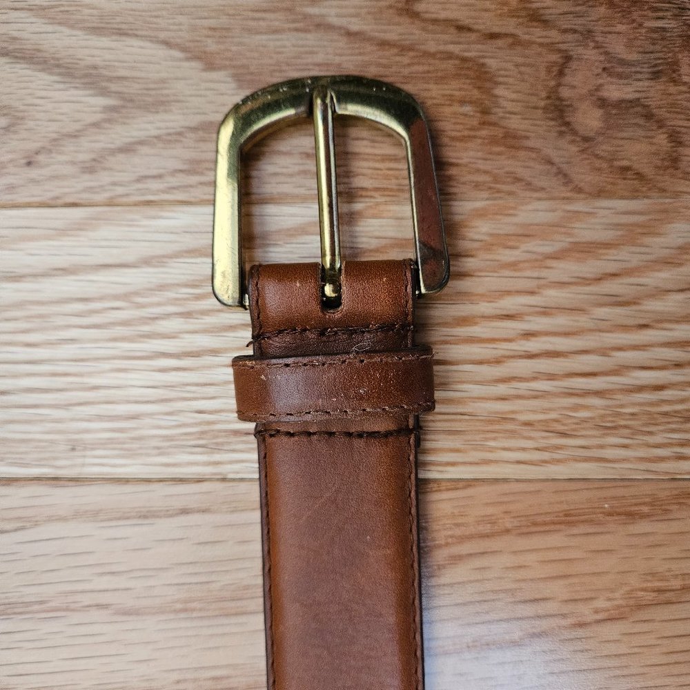 Jones New York 1.25" Wide Brown Leather Belt with Brass Buckle, 34.5" Long